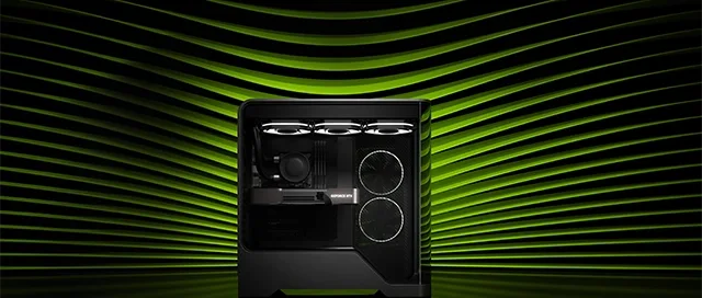 A high-performance, quiet yet mighty PC build showing a sleek black case, large silent fans, liquid cooling system, and RGB lighting optimized for minimal noise and maximum airflow.