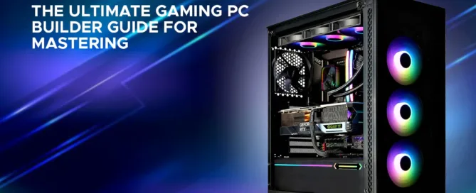 A budget-friendly gaming PC build showing components including a mid-range graphics card, CPU, RAM, SSD, and a black PC case with RGB lighting.